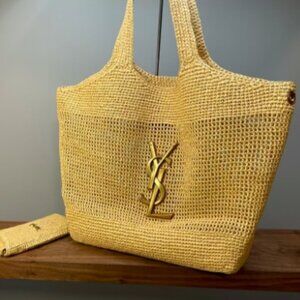 YSL RAFFIA TOTE handbag. ICARE IN RAFFIA NATUREL AND BROWN GOLD